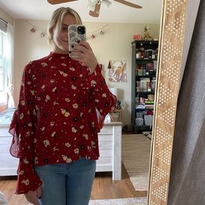 Mello Day Red Floral Ruffle Blouse